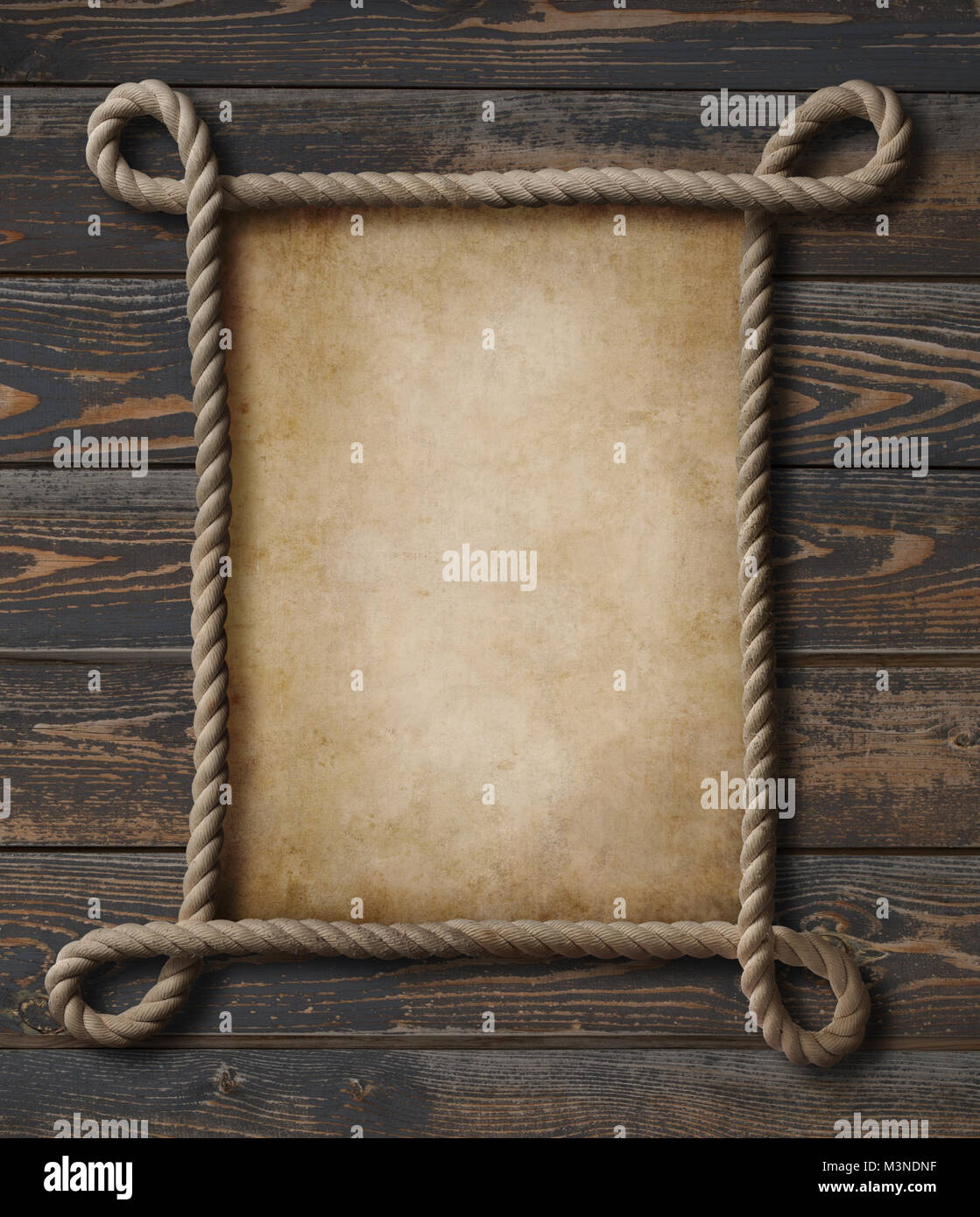 Tema pirata cuerda náutica marco con fondo de papel viejo Foto de stock