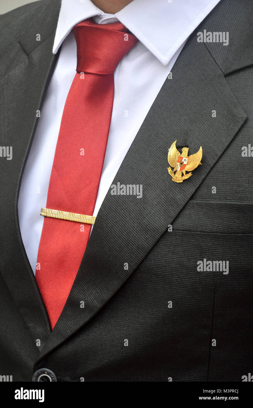 Trajes de corbata roja el broche pájaro Garuda Indonesia de los emblema estatal Fotografía de stock -