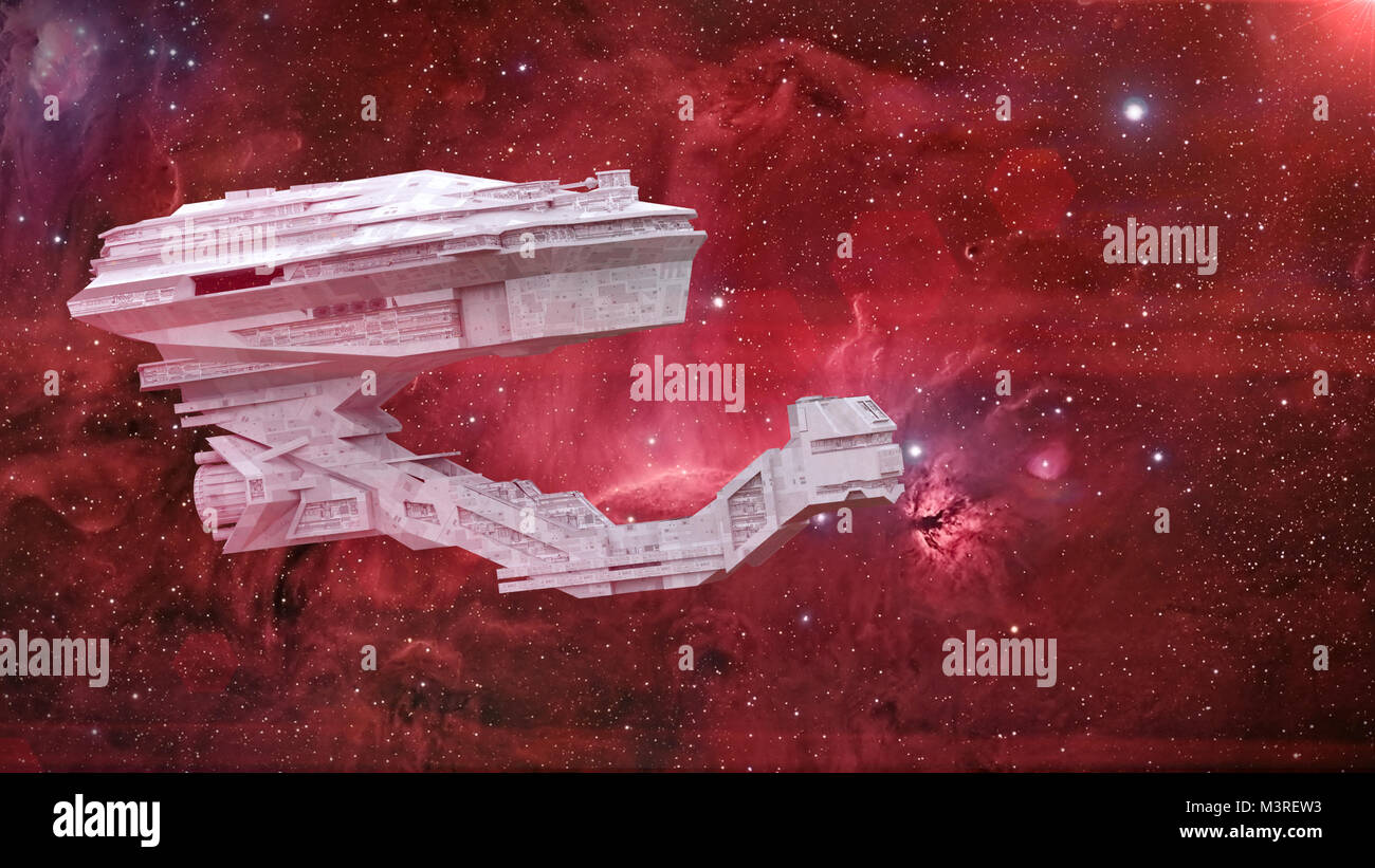 Nave espacial futurista viajando en el espacio profundo, detallado starship delante de estrellas y nebulosa (ilustración de ciencia ficción en 3D) Foto de stock