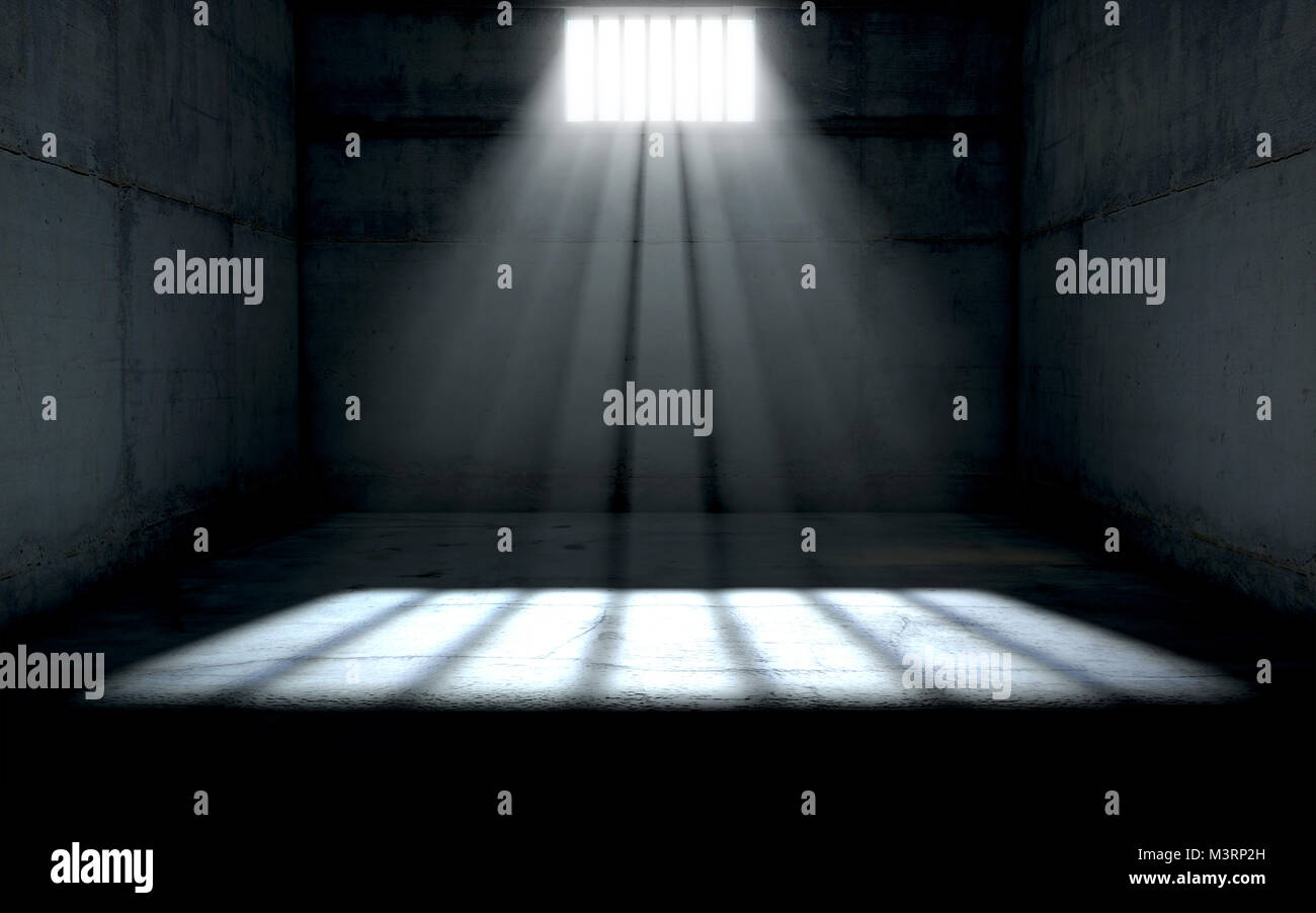 La celda de una prisión interior con una ventana prohibido y los rayos de luz que penetra a través de ella cubre con su sombra sobre el terreno - 3D Render Foto de stock