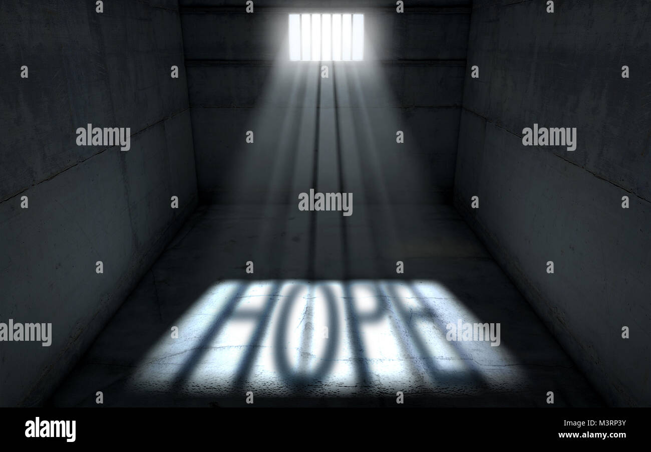 La celda de una prisión interior con una ventana prohibido y los rayos de luz que penetra a través de la fundición es una imagen de la palabra esperanza - 3D Render Foto de stock
