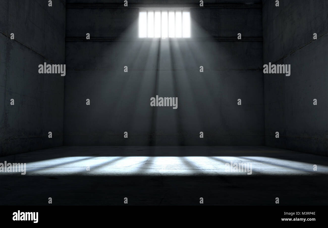 La celda de una prisión interior con una ventana prohibido y los rayos de luz que penetra a través de la fundición es una imagen de las palabras libertad - 3D Render Foto de stock