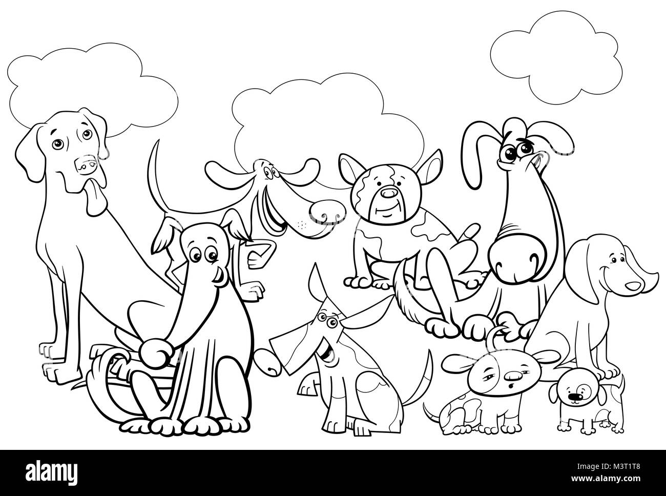 Ilustración caricatura en blanco y negro de divertidos personajes de animales  mascotas perros Grupo Coloring Book Imagen Vector de stock - Alamy