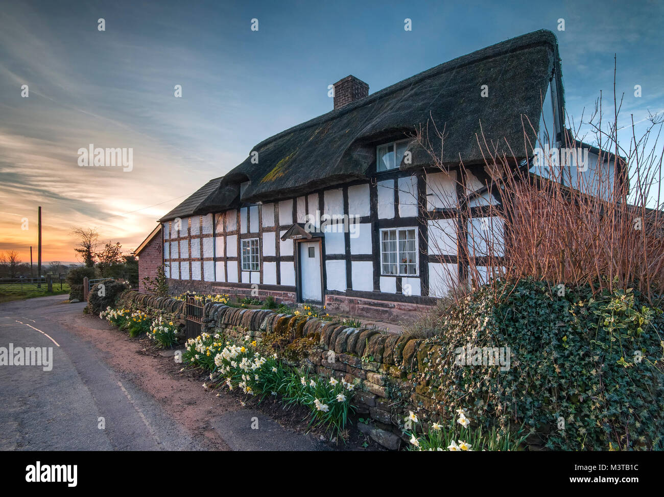 La primera luz ilumina bien House Cottage en Sunrise, Eaton por Tarporley, Cheshire, Inglaterra, Reino Unido. Foto de stock