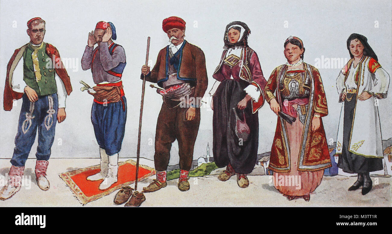 La moda, la ropa en el sur Slavia alrededor del siglo xix, desde la  izquierda, dos bosnios, turcos, un agricultor del país serbio de Bosnia,  una niña, una noble dama de Bosnia