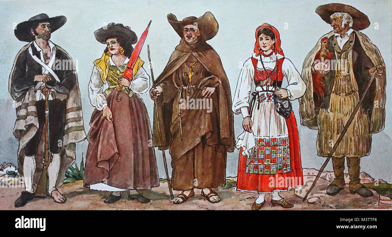 Moda, ropa en Portugal en el siglo XIX, una ganadera con medias, agricultor  de la provincia de Minho, norte de Portugal, con un montón de joyas de oro,  un monje carmelita, un