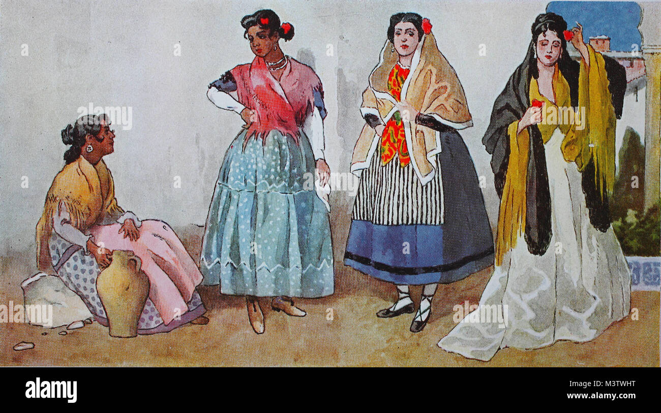 La moda, la ropa de los gitanos en España, a mediados del siglo xix, desde  la izquierda, dos funcionarias de la mujer gitana en simple calico garb,  dueña de Jaén, en vestido