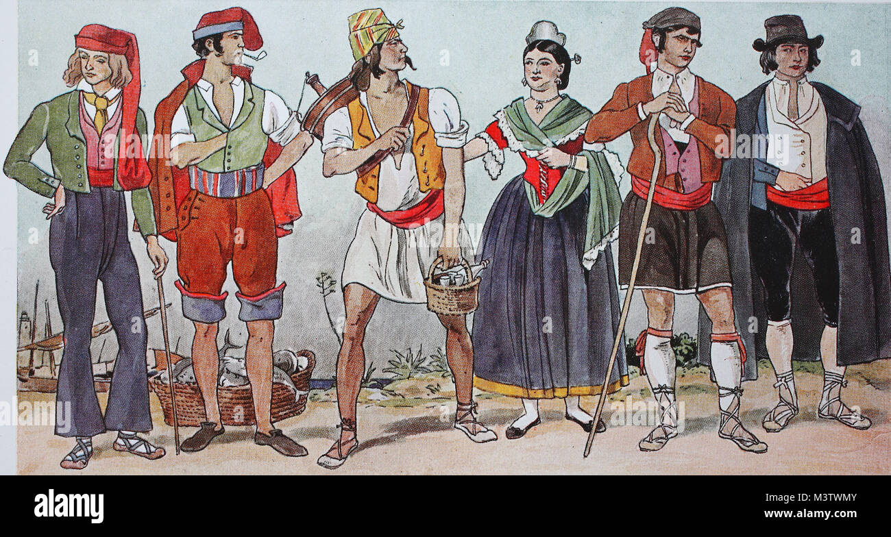 Moda, ropa en España a partir de 1810-1830, desde la izquierda, un artesano de Cataluña, un vendedor de agua desde el antiguo reino de Valencia, agricultor y ganadero desde Valencia, en el verano de traje y un agricultor en traje de invierno con la capa, la capa del collar, también de Valencia, mejor reproducción digital de un original desde el año 1900 Foto de stock