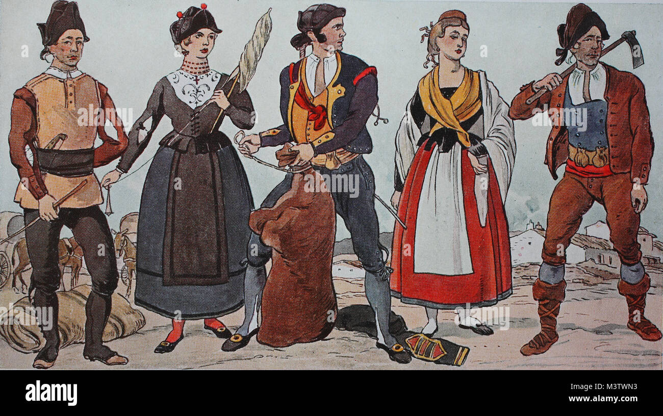 Moda, vestido en España a partir de 1810-1830, desde la izquierda, un  arriero de la provincia de Segovia, en Castilla la Vieja, un agricultor con  una mano el eje de la provincia