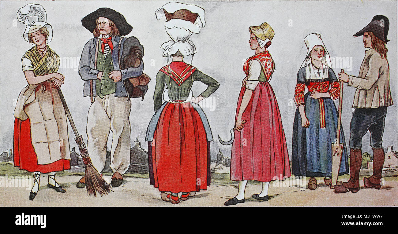Moda, trajes, ropa en Francia a principios del siglo xix, desde la  izquierda, una sirvienta de Burdeos, un portero de Burdeos, un proveedor  basado en Burdeos de manzanas horneadas y un par