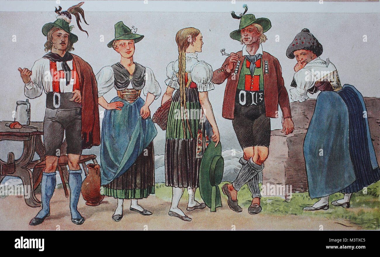 Moda, trajes, ropa en Italia y Austria alrededor de 1850, desde la  izquierda, el hombre y la mujer en traje de Val Pusteria, luego desde la  Oetztal, Tirol alemán y la mujer