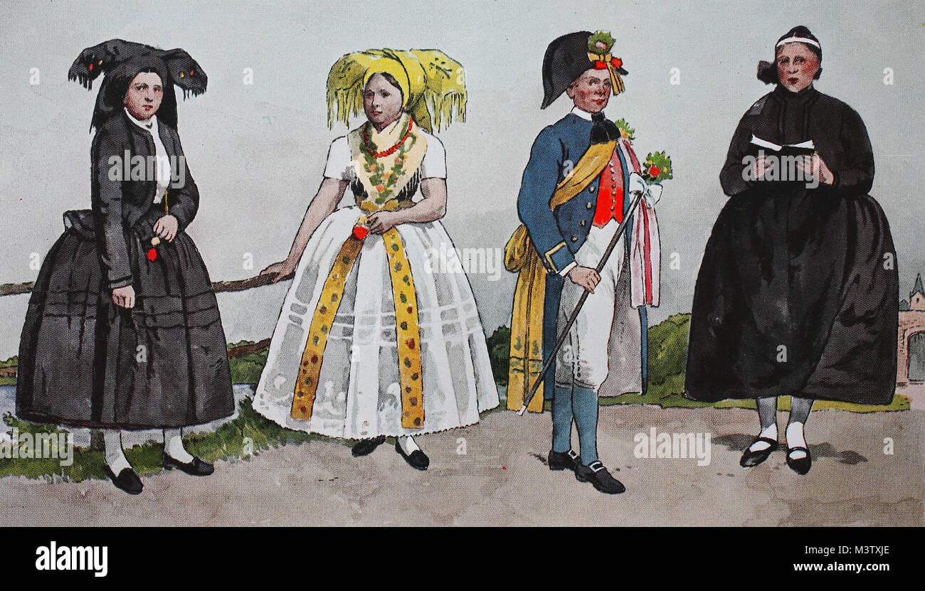 En Alemania, la moda, la ropa, los trajes de los antiguos Lusacia,  Spreewald, alrededor del siglo xix, desde la izquierda, una mujer con un  vestido de domingo, un traje de fiesta sorabo,