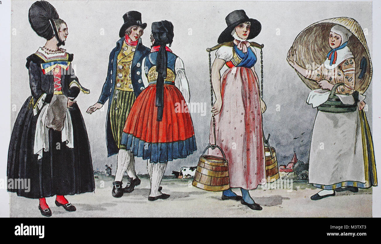 En Alemania, la ropa de moda, trajes de Holstein acerca del siglo xix,  desde la izquierda, la mujer en la comida de la noche en el Wilstermark,  pareja en el traje de