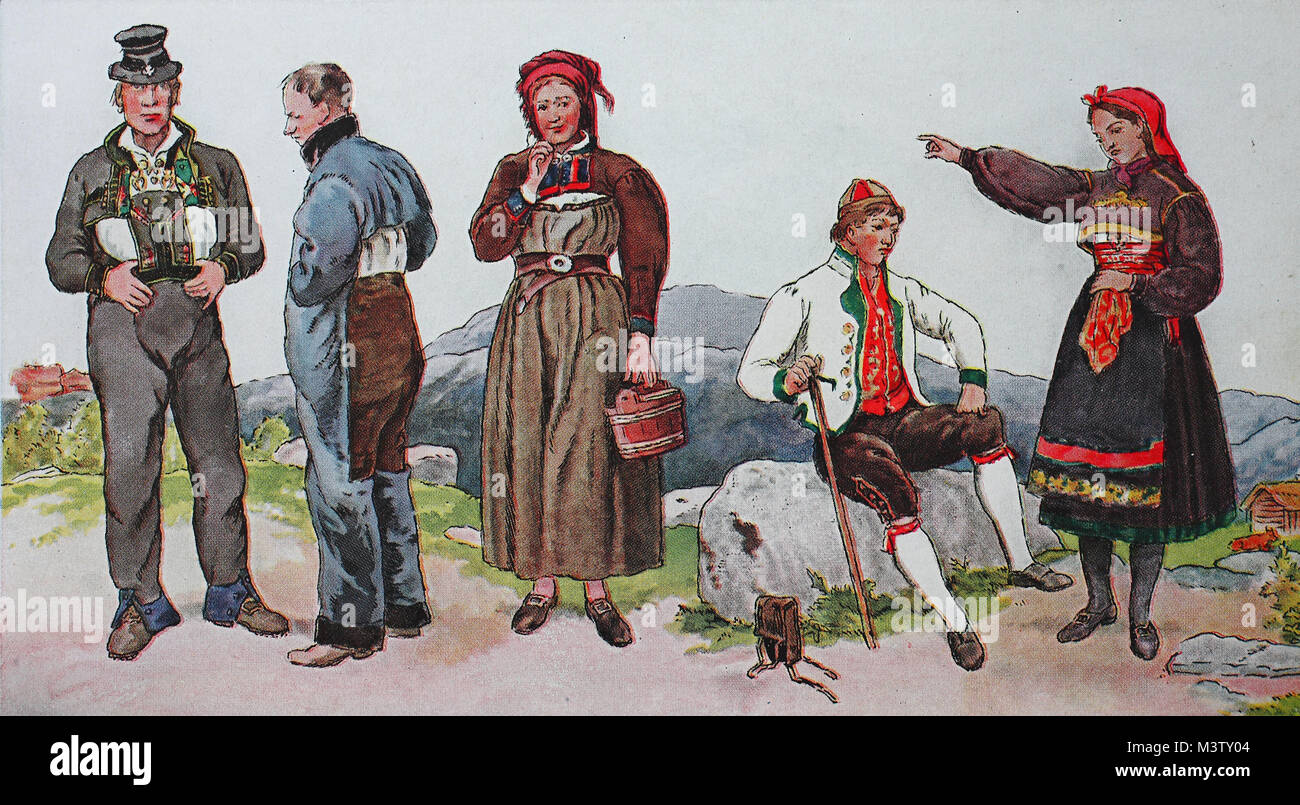Moda, ropa, trajes en Noruega, el sur de Noruega alrededor del siglo xix,  desde la izquierda, agricultor de Saetersdalen, un agricultor de la  Hitterdal en monos de trabajo, entonces una niña de