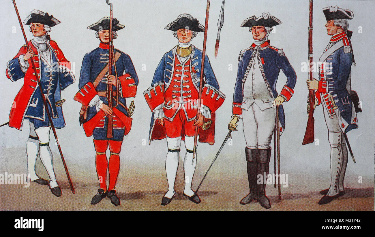Moda, ropa, uniformes franceses de 1757 a 1790, desde la izquierda, oficial  de los Guardias Suizos en pequeñas y uniformes de 1757, el soldado de los  guardias franceses en gran uniforme desde