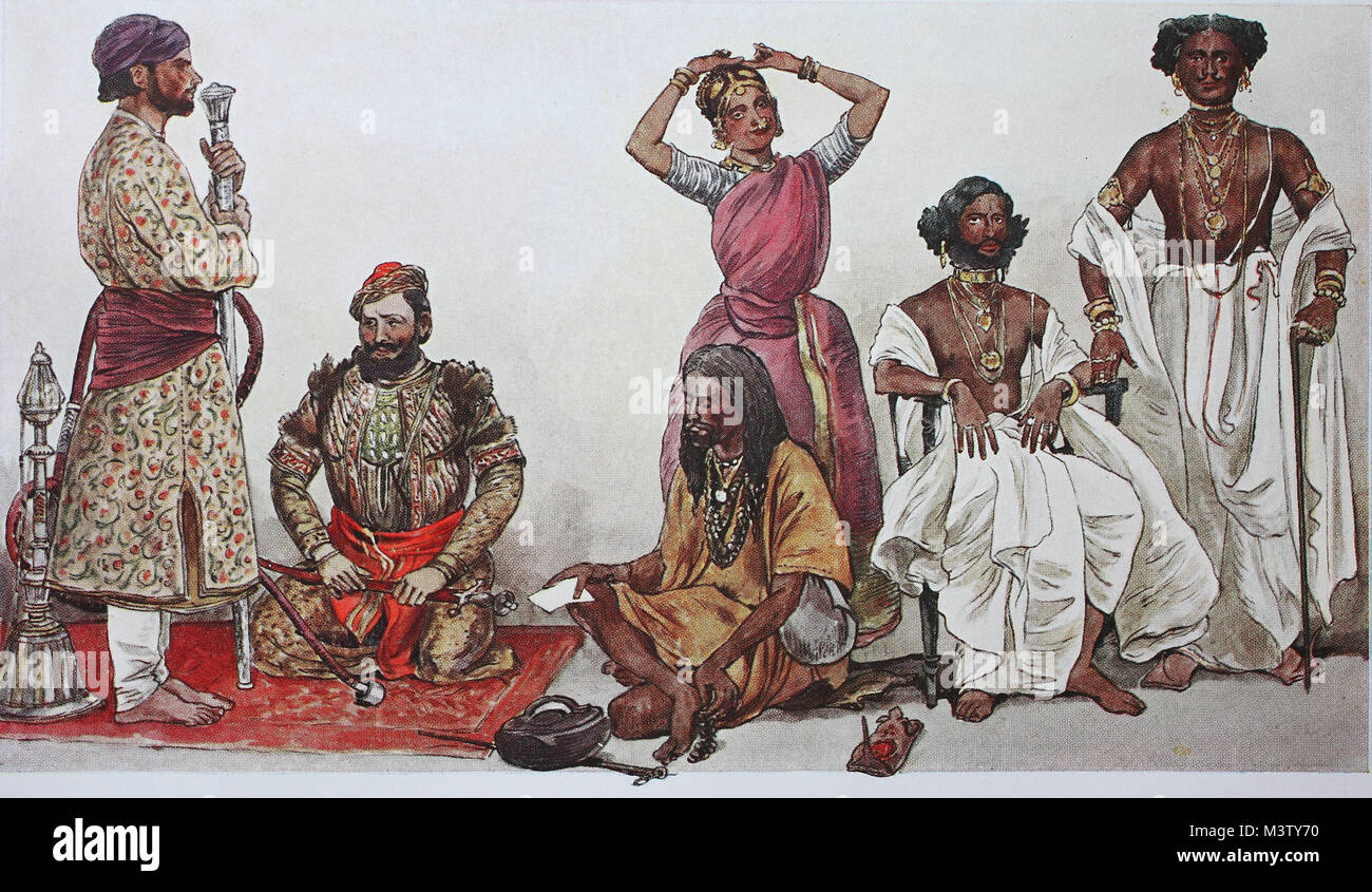 La moda, la ropa en la India, desde la izquierda, un oficial de la corte y un rajá fom Dirschut, luego un fakir de Benares, luego un bayadere, diosa de Calcuta y dos príncipes de los brahmanes casta de Orissa, mejor reproducción digital de un original desde el año 1900 Foto de stock