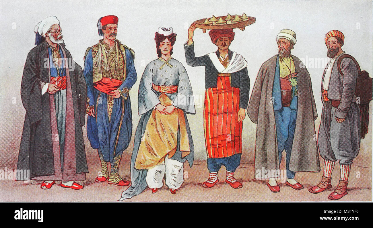 Moda, ropa, trajes típicos en Turquía en el siglo xix, desde la izquierda,  un Turco khawaja o khwaja en Skutari en Albania, un hombre turco desde  Monastir, una dama harem turco en