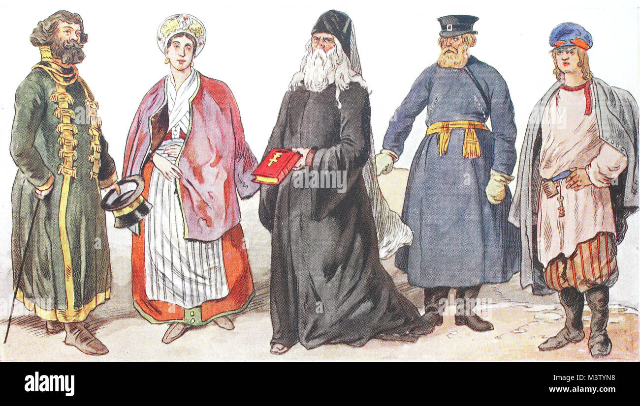 Moda, ropa, trajes típicos en Rusia, del siglo xix, desde la izquierda, un  jefe de aldea y su esposa, un monje ortodoxo griego, un salario cochero y  un joven agricultor, gran ruso