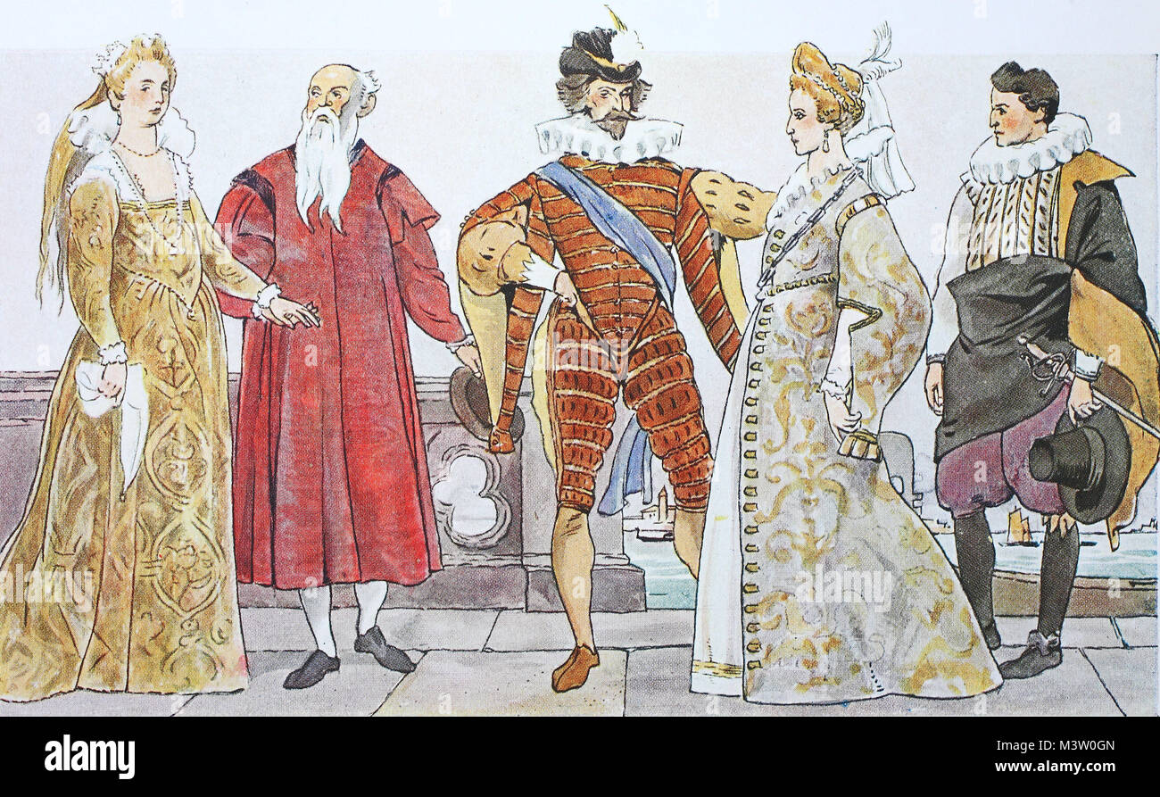 La moda, trajes, ropa en italiano con la moda española en torno a  1590-1610, desde la izquierda, Venetian lady alrededor de 1610, el viejo  caballero noble veneciana alrededor de 1610, caballero joven