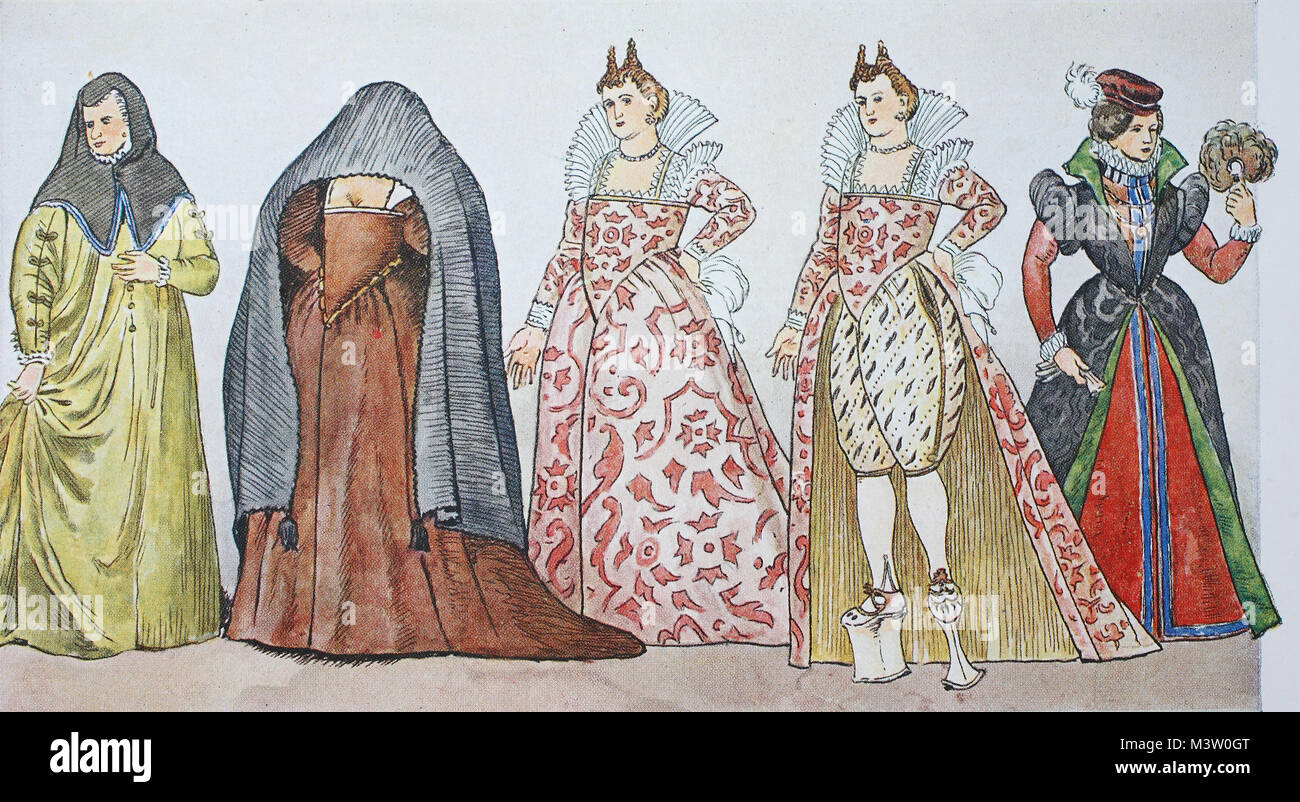 Moda, trajes, ropa en italiano con la moda española en torno a 1590-1610,  desde la izquierda, cortesana romana alrededor de 1590, respetable,  elegante, de soltera veladuras Venetian en ropa de calle, alrededor