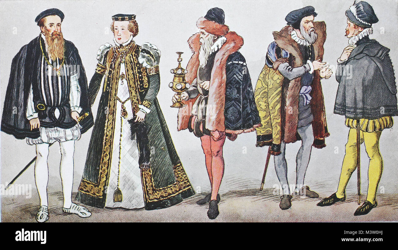 Moda, trajes, ropa en Alemania durante la moda española en torno a  1550-1600, desde la izquierda, el duque Albrecht V. de Baviera y su esposa,  la duquesa Anna en el nuevo traje