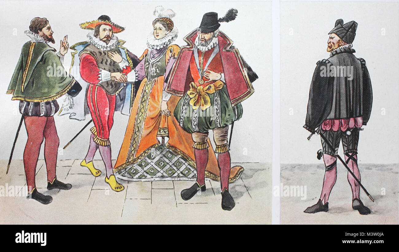 Moda, trajes, ropa en Alemania durante la moda española en torno a  1550-1600, representando un compromiso en torno a 1585, desde la izquierda,  un hombre en traje español, luego uno en pantalones