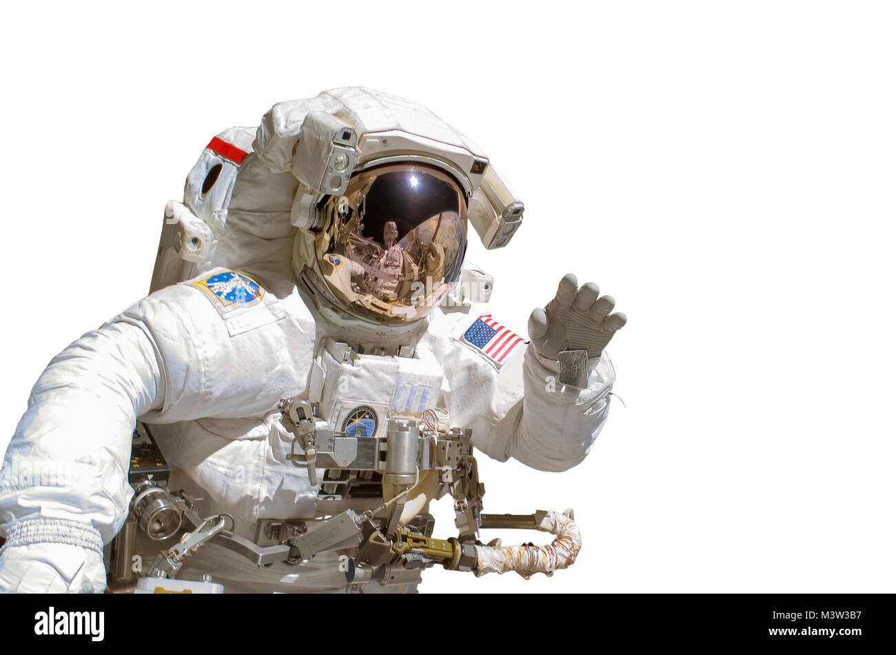 Primer plano de un astronauta aislado sobre fondo blanco - elementos de esta imagen son proporcionados por la NASA. Foto de stock