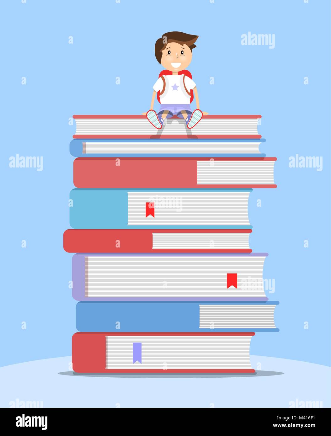 El colegial sentado en una pila de libros. Vector ilustración plana. Concepto de educación Ilustración del Vector