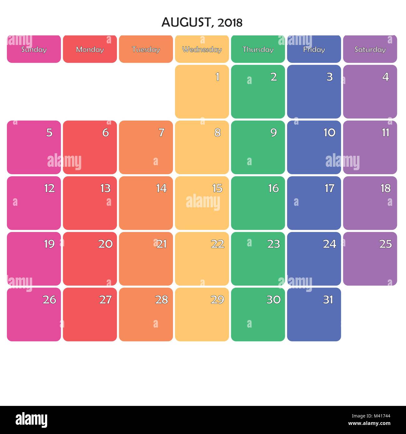 Agosto 2018 Planner Calendario editable grande nota espacio de color específico día sobre fondo