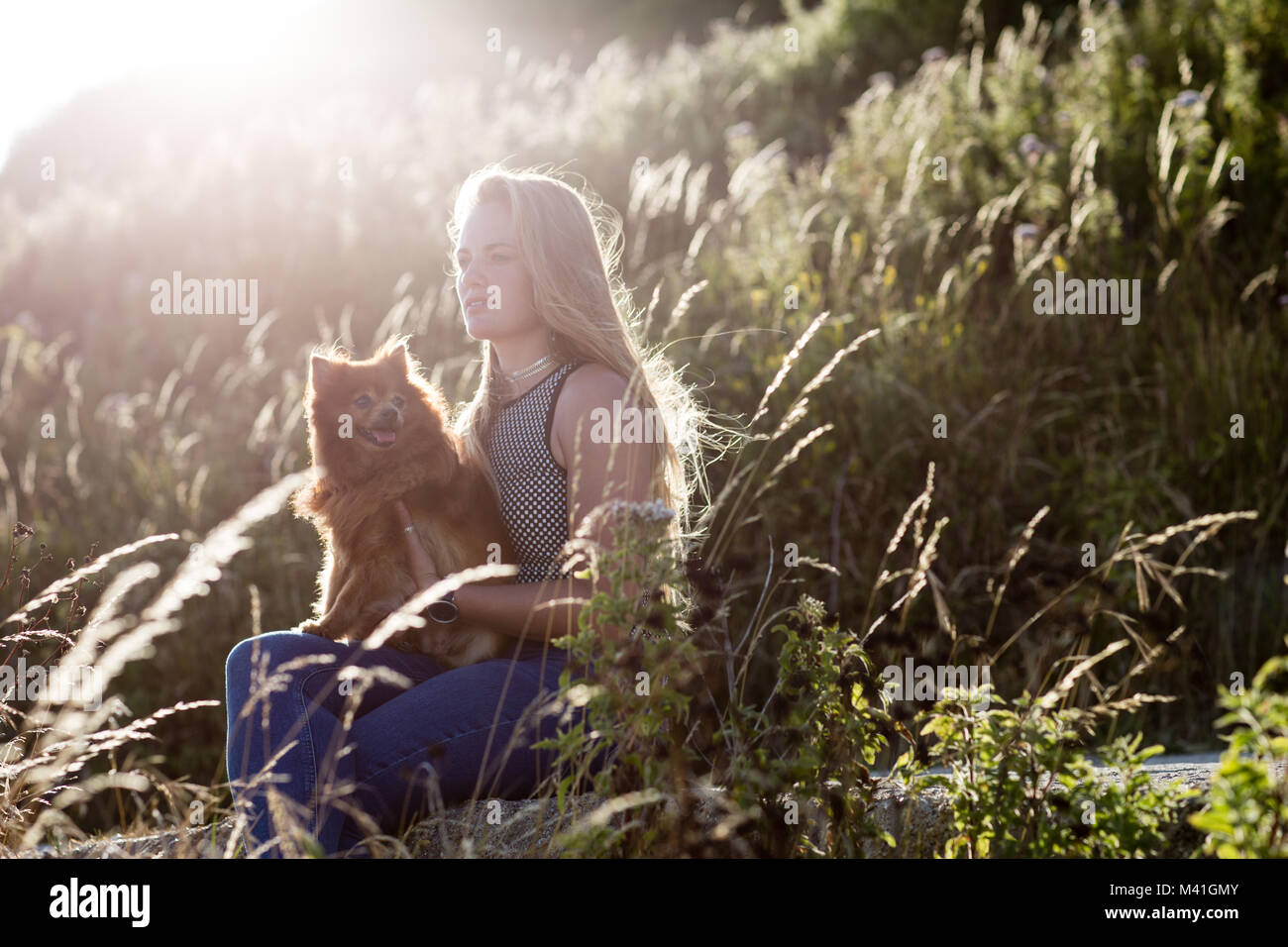 Las hembras jóvenes de mimar a su perro mascota en campo Foto de stock