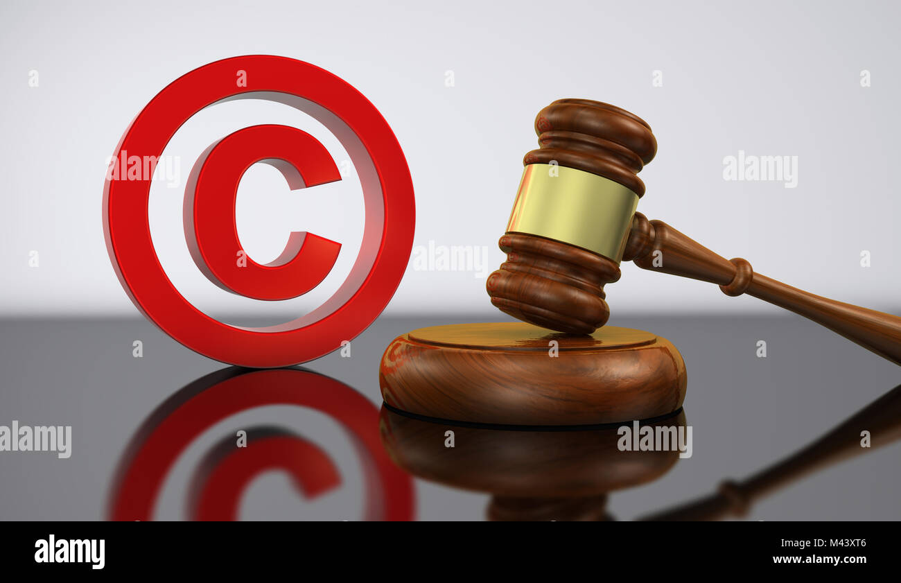 Las leyes de copyright y propiedad intelectual concepto 3D ilustración con rojo símbolo de copyright y un martillo de madera. Foto de stock