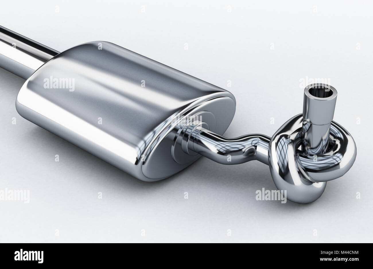 Silenciador de gases de escape del coche atado en un nudo. Ilustración 3D. Foto de stock