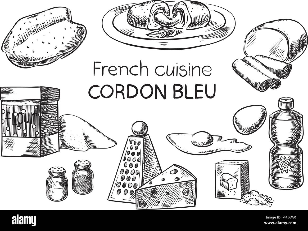 Cordon Bleu. Vector conceptual creativo. Croquis dibujado a mano recetas de comida francesa, el grabado, la ilustración, la línea de tinta, vector de arte. Ilustración del Vector