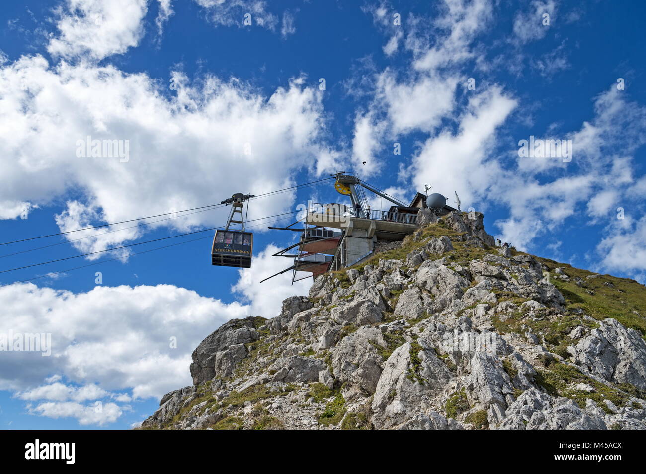 La estación cumbre del Nebelhorn con cabl entrante Foto de stock