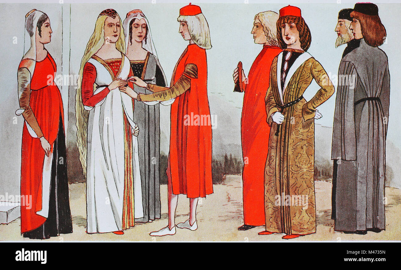 La ropa, la moda en la Italia del Renacimiento temprano alrededor de  1460-1490, desde la izquierda, hombres y mujeres en un compromiso de las  partes en Ferrara, después de un cuadro pintado