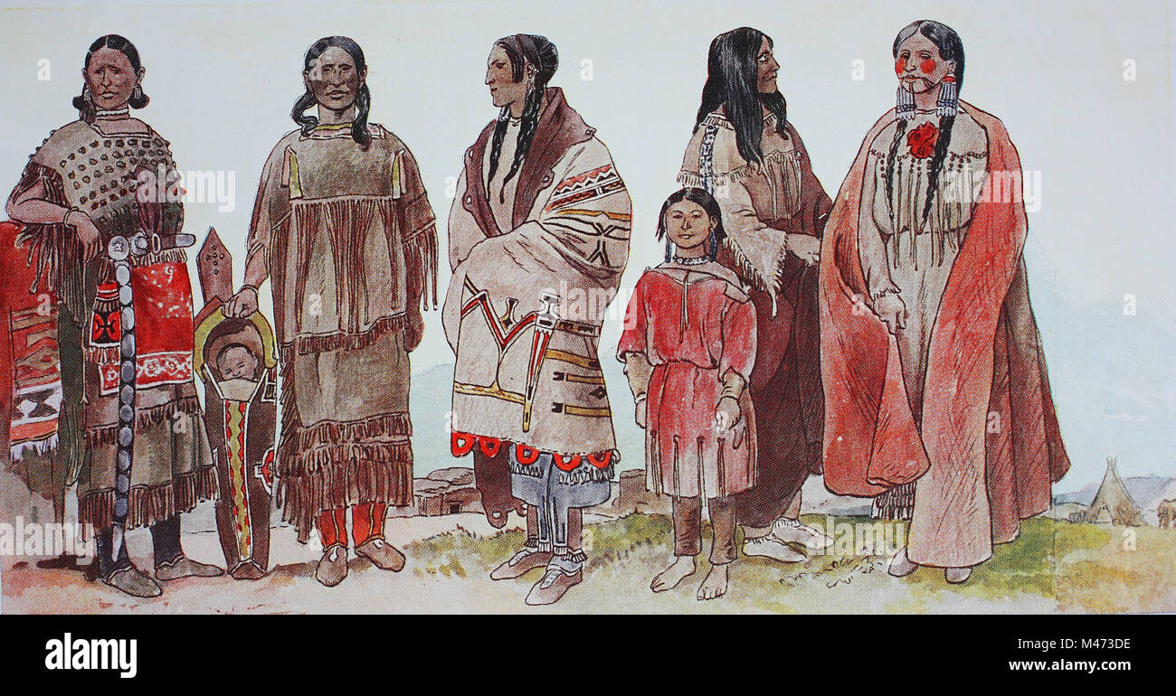 Ropa moda en América del Norte, los indios, desde la izquierda, una mujer  de Kiawa, un canadiense en un traje de cuero, una mujer Dokoto en un abrigo,  un niño de los