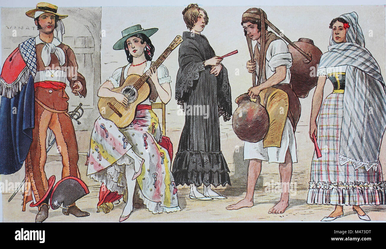 Ropa moda en América Central, México, a principios del siglo xix, desde la  izquierda, un hacendado, un terrateniente, luego una maja en un vestido de  seda, una señora mexicana, un portador de