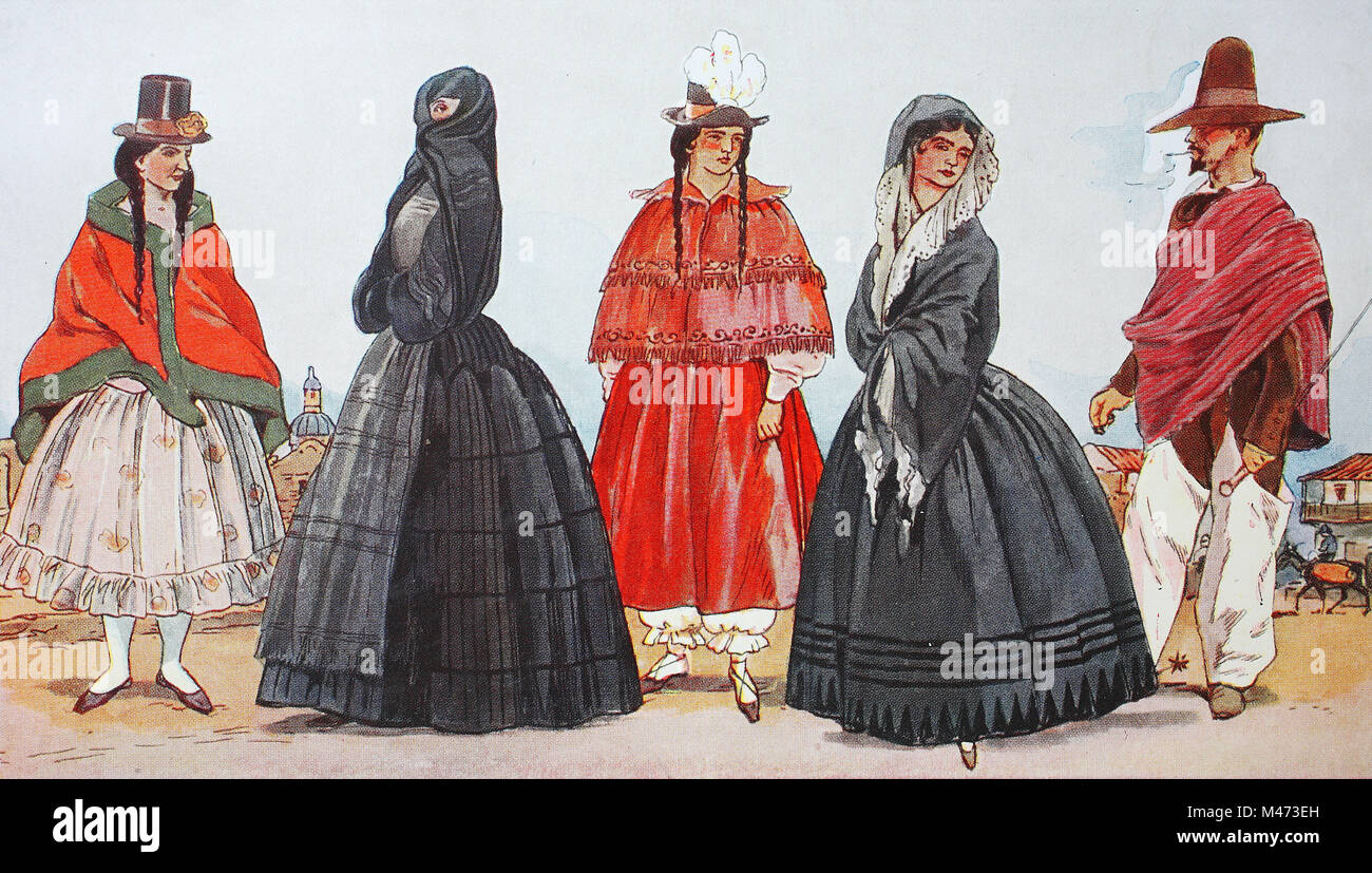 Ropa moda en América del Sur, Perú, Colombia alrededor del siglo xix, desde  la izquierda, un peruano casera en traje ceremonial en torno a 1825-1830,  una dama de la ciudad peruana de