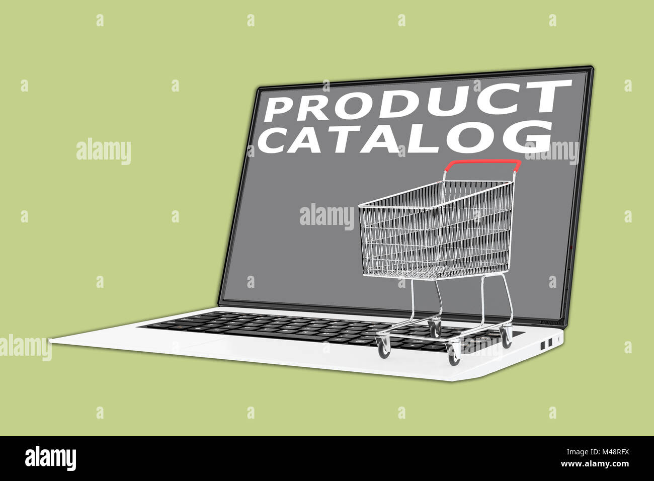 Ilustración 3D de Product Catalog script con el carro de un supermercado situado en el teclado Foto de stock