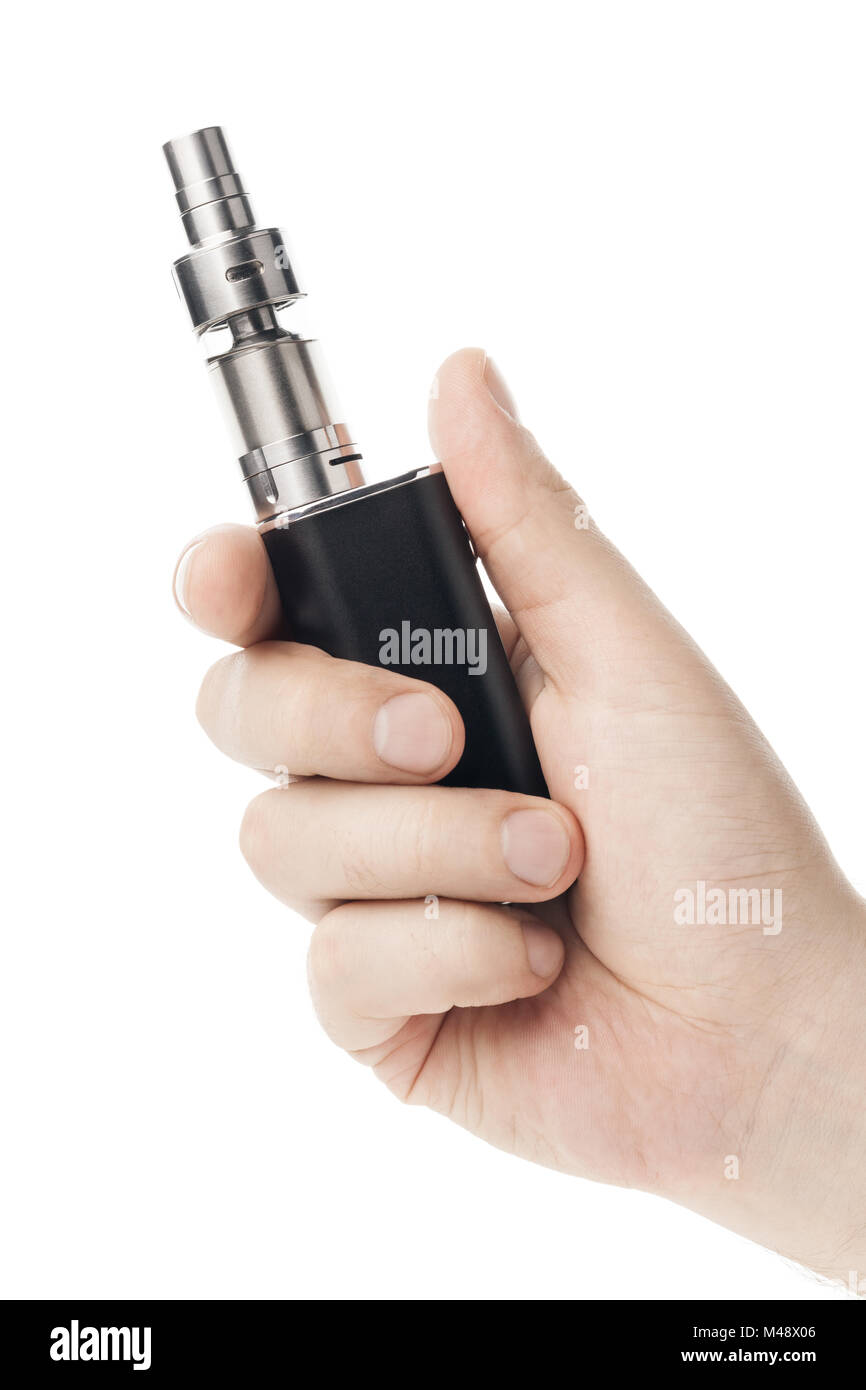 Cigarrillo electrónico en mano macho aislado sobre fondo blanco. Foto de stock