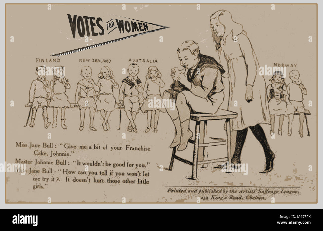 - Un viejo SUFFRAGETTES sufragio del artista Liga Internacional de ilustración - el voto de la mujer (Finlandia, Nueva Zelanda, Australia y Noruega) Foto de stock