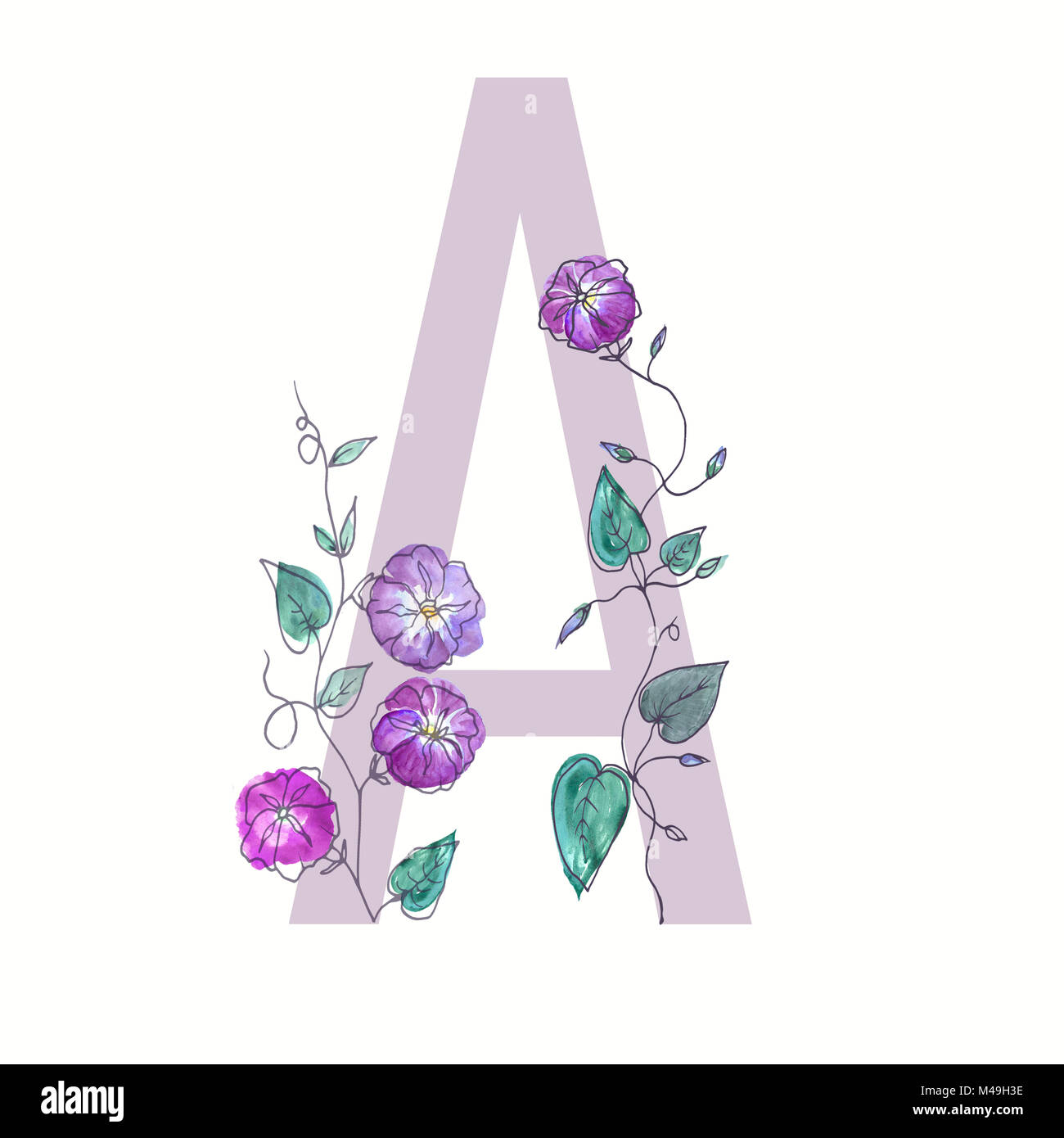 La letra mayúscula del alfabeto está decorado con flores rizadas. Acuarela  Ilustración botánica de plantas. Imagen aislada de esbozadas flores  Fotografía de stock - Alamy