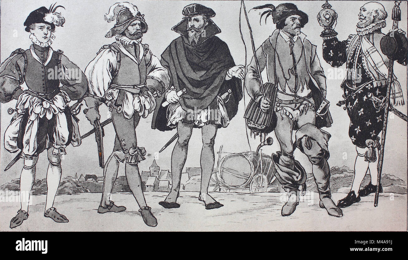 Moda, ropa trajes cívica en Alemania, alrededor de 1560-1580, desde la  izquierda, un hombre de 20, 30 y 40 años en alemán el traje, luego un  carter de Franconia y Nuremberg en