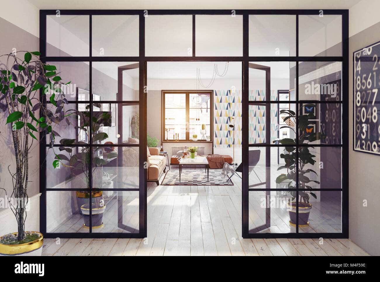 Apartamento moderno interior. mampara de vidrio concepto 3d Fotografía de  stock - Alamy