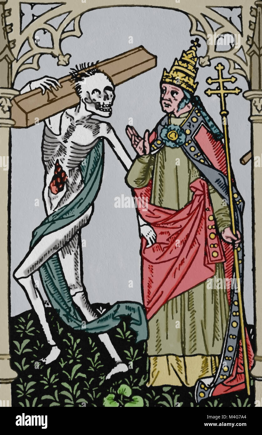 La danza de la muerte. La muerte y la papa. Impreso por Antoine Verard, Francia, del siglo XV. Foto de stock