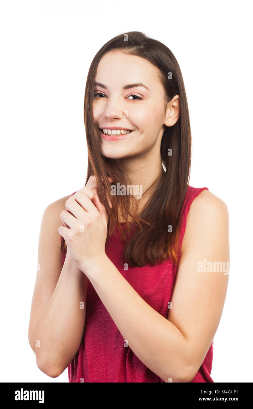 Retrato de una hermosa mujer sonriente, aislado en blanco Foto de stock