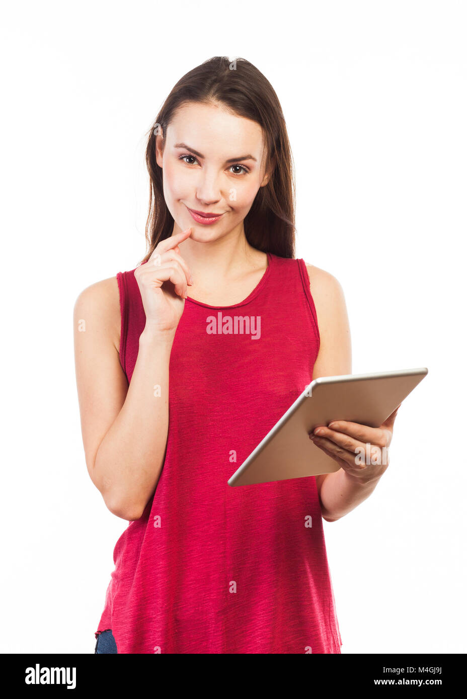 Mujer joven con una tableta electrónica, el concepto de comunicación, aislado en blanco Foto de stock