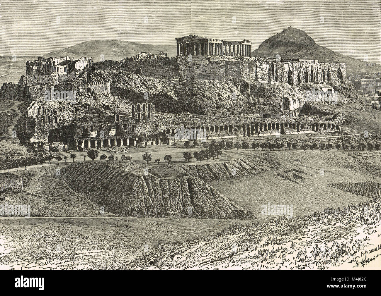 La Acrópolis de Atenas, el grabado del siglo XIX. Foto de stock