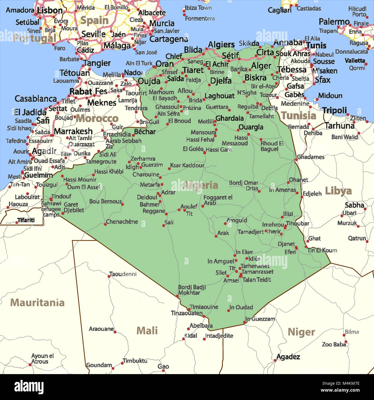 Mapa de Argelia. Muestra las fronteras de los países, los nombres de lugares y caminos. Etiquetas en inglés cuando sea posible. Proyección: Mercator. Ilustración del Vector