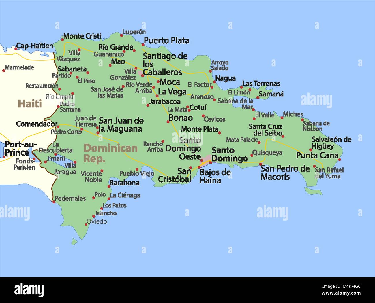 Mapa de República Dominicana. Muestra las fronteras de los países, las